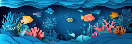 Dive into a vibrant underwater universe filled with colorful fish and intricate coral reefs, showing a stunning layered paper effect in deep blue tones.の素材