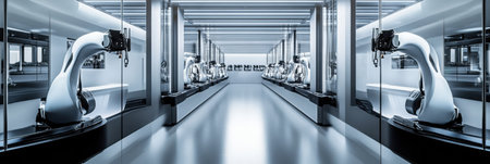 Robotic arms in a sleek automated milking station securely milk cows, showing modern technology and efficiency in livestock management and care.の素材