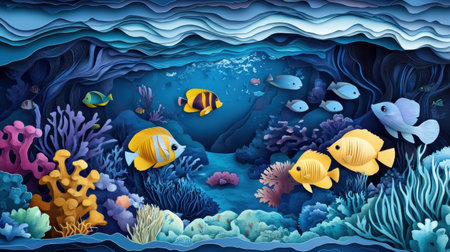 Explore a magical underwater world in layered paper cut style showcasing colorful fish swimming amidst coral reefs and dynamic ocean waves.の素材