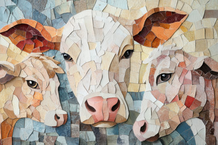 This artwork displays a vibrant collage of farm animals with soft color gradients and textured elements, showing creativity and artistic expression.の素材