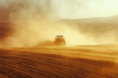 A powerful harvester moves through a vast wheat field, creating a whirlwind of dust while golden sunlight casts an enchanting glow over the landscape.の素材