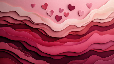 A romantic layered paper cut design with floating hearts and soft red-pink gradients, ideal for love themes.の素材