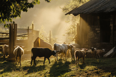 Elegant organic farm showcases cows and goats enjoying the calm morning hours, illuminated by soft lighting that enhances natural textures and tranquility.の素材