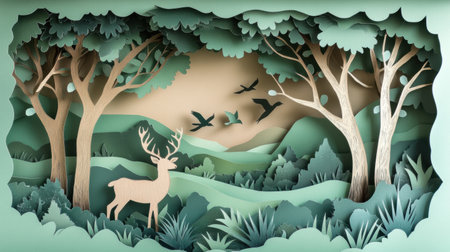 Layered paper cut depicts a tranquil forest with deer and birds amidst trees, featuring soft green and earthy tones that create depth and silhouette effects.の素材