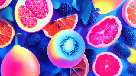 Featured are stylized neon fruit illustrations including oranges, kiwis, and berries arranged against a striking electric blue and pink pop-art backgroundの素材