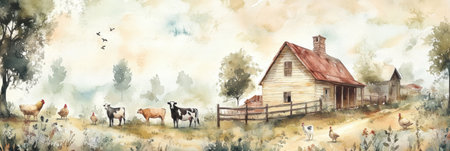 Serene rural landscape features a traditional farm with cows, chickens, and horses roaming freely. Delicate brushstrokes create a nostalgic atmosphere.の素材