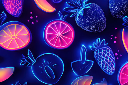 Colorful neon fruit illustrations create a bold pop-art background, featuring vibrant oranges, strawberries, and pineapples glowing against a dark canvas.の素材
