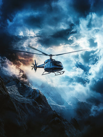 A rescue helicopter flies above rugged mountains, navigating through dark clouds and illuminating light, showing a thrilling moment of airborne urgency.の素材