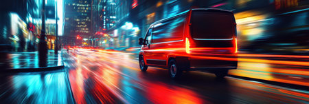 A delivery van speeds through a neon-lit cityscape at night, leaving behind streaks of light as it navigates the bustling urban environment.の素材