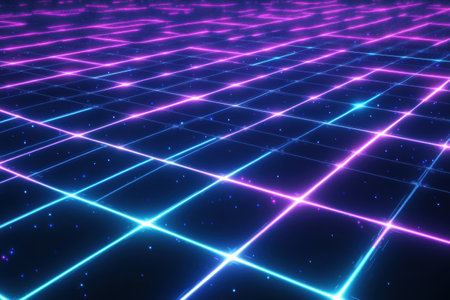 Experience a captivating futuristic pattern where evenly spaced glowing lines in neon blue and purple create a stunning digital sci-fi atmosphere.の素材