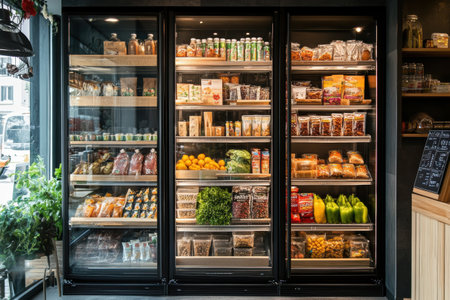 This stylish features refrigerator transparent glass doors filled with perfectly arranged fresh groceries, highlighting premium organization and aesthetics.の素材