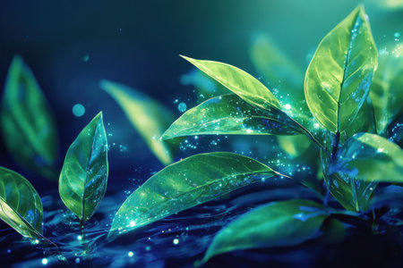 Softly glowing tea leaves radiate in surreal green and blue hues, creating a captivating futuristic atmosphere with a sleek modern aesthetic.の素材