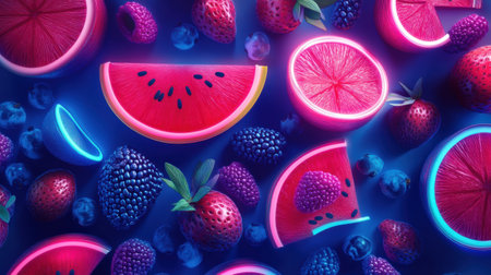 Stylized neon fruit illustrations create a bold pop-art background featuring electric blue and pink colors, highlighting the freshness of various fruits.の素材