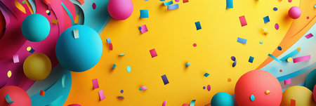 Bright and lively celebration background features colorful confetti, layered designs, and festive lighting, perfect for party invitations and decor.の素材