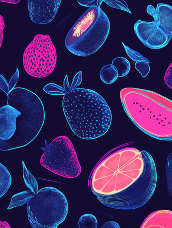 Colorful and striking pop-art background showcases stylized neon fruit illustrations with a playful, high contrast design in electric blue and pink hues.の素材