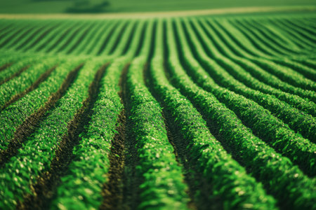 A serene aerial perspective showcases meticulously arranged green crop rows extending towards the horizon under gentle natural light.の素材