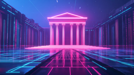 Digital representation features a government building with glowing neon lines and abstract patterns, emphasizing a cyberpunk political aesthetic at night.の素材