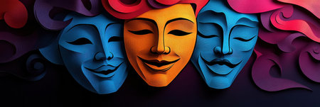This artwork features intricately designed comedy and tragic theater masks in rich colors and dramatic lighting, creating a striking visual experience.の素材