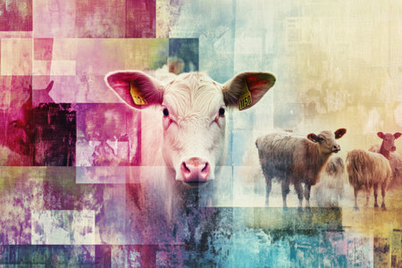 Abstract design featuring a collage of farm animals with a focus on a cow, using soft colors and textures to create a vibrant artistic background.の素材