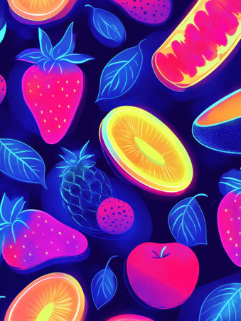 Playful, vibrant fruit illustrations in neon colors create a dazzling pop-art background, emphasizing bold contrasts and an energetic aesthetic.の素材