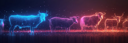 Farm animals stand in a vibrant field, surrounded by swirling colors and soft gradients that create a captivating, otherworldly ambiance.の素材
