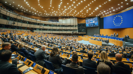 A political conference hall filled with attendees engaged in discussions as modern screens display key messages. The environment is sleek and professional.の素材