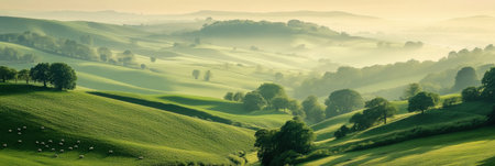 Flock of sheep grazes and moves through lush green hills under soft morning light, creating a serene and picturesque rural setting filled with depth.の素材