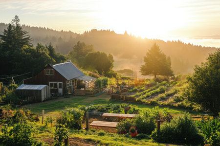 Fresh organic produce is being prepared for delivery in a sunlit farm, showing natures beauty in a peaceful setting.の素材