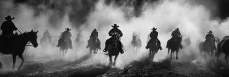 Cowboys ride horseback to herd cattle amid rising dust, illuminated by dramatic lighting that enhances the high-energy atmosphere in an open ranch setting.の素材