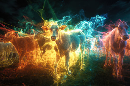 Glowing outlines of farm animals create a surreal, dreamlike scene under twilight skies with smooth gradients and ethereal quality.の素材