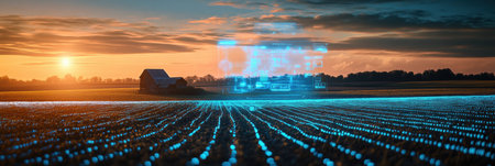 Advanced holographic technology projects vital crop yield data over lush farmland during a picturesque sunset, showcasing the synergy of nature and innovation.の素材
