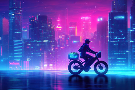 Grocery courier rides bicycle through vibrant, high-tech city skyline, making a delivery amid colorful lights and futuristic buildings at dusk.の素材