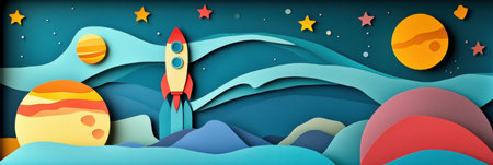 Colorful layered paper art depicts a rocket ship in space among planets and stars. The deep cosmic background enhances the vibrant planetary hues.の素材