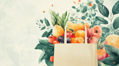 A grocery bag holds an array of fresh organic fruits and vegetables, showing a clean and eco-friendly aesthetic with soft earthy tones.の素材