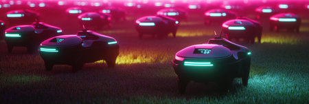 Drones equipped with digital sensors monitor a herd of cows on a vibrant, illuminated farm during twilight, enhancing farm management efficiency.の素材