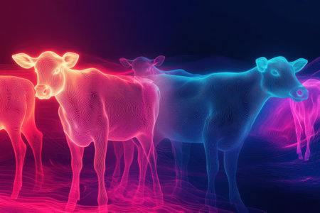 Glowing outlines of farm animals create a surreal, dreamlike ambiance, enhanced by smooth gradients and vibrant energy emanating from the figures.の素材