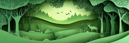 Layered paper cut design showcases a tranquil forest with deer and birds amidst lush greenery, creating a serene and artistic natural atmosphere.の素材