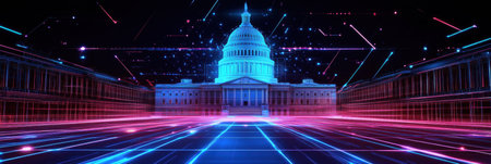 Digital representation of a government building featuring glowing neon lines and abstract patterns evokes a cyberpunk aesthetic in a vibrant night settingの素材