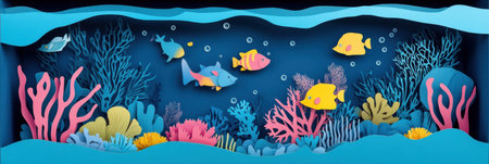 Discover a fantasy underwater realm featuring layered paper cut designs of playful fish, lively coral reefs, and mesmerizing ocean waves in deep blue hues.の素材