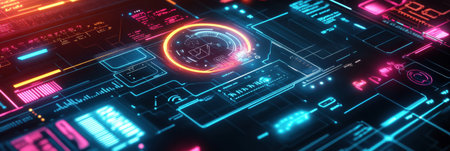 A digital assistant captures grocery orders via voice commands, featuring a vibrant neon design and high-tech details.の素材