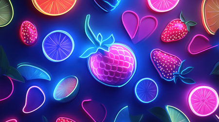 Vivid neon illustrations of various fruits create a striking backdrop, combining electric blue and pink hues for a captivating pop-art style.の素材