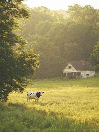 A happy dairy cow grazes in a vibrant green meadow, bathed in warm golden sunlight, creating a peaceful rural atmosphere with natural beauty.の素材