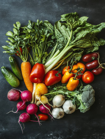 A vibrant collection of premium organic vegetables shows rich colors and textures on a dark slate surface, highlighting farm-to-table appeal.の素材