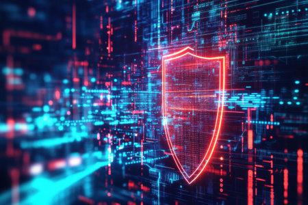 A cyberpolitical scene features a glowing digital shield and binary codes, highlighting cybersecuritys impact on politics in a futuristic city.の素材