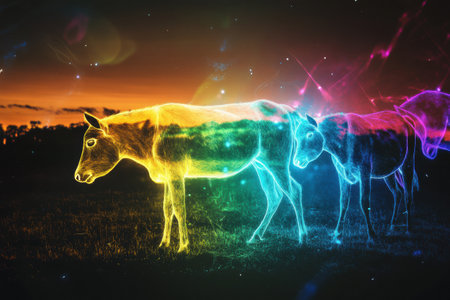 Farm animals are shown in a surreal style, outlined by vibrant energy against a calm, dreamlike evening sky, creating a mesmerizing vibe.の素材