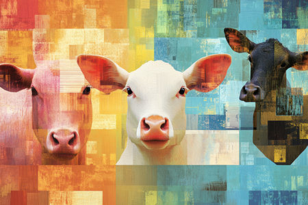 This artwork features a vibrant mosaic of farm animals with soft color gradients and texture, creating a lively artistic representation.の素材