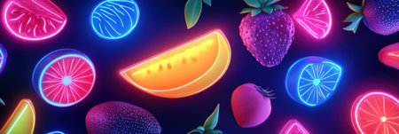 Neon fruit illustrations pop against a dark background, embodying a vibrant, contemporary art style ideal for decor and projects.の素材