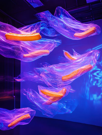 In a vibrant space, French fries float through the air, surrounded by flowing neon purple and blue lights, captured in dynamic, high-speed action.の素材