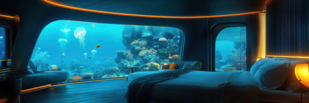 Luxurious underwater hotel room features large glass windows showcasing vibrant jellyfish and colorful fish swimming in a captivating ocean environment.の素材