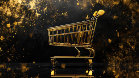 Golden grocery cart displayed on a rich black surface, showing premium textures and elegant typography in a high-end, luxury aesthetic.の素材